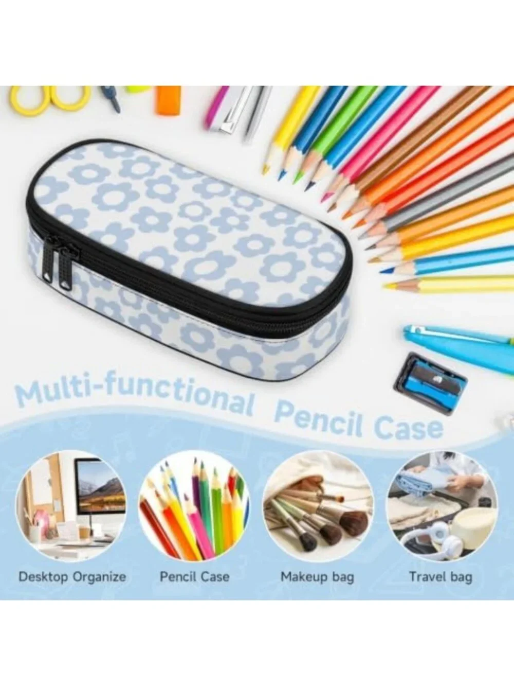 Large Blue Retro Floral Pencil Case - Cute Pouch Bag for School & Art Supplies
